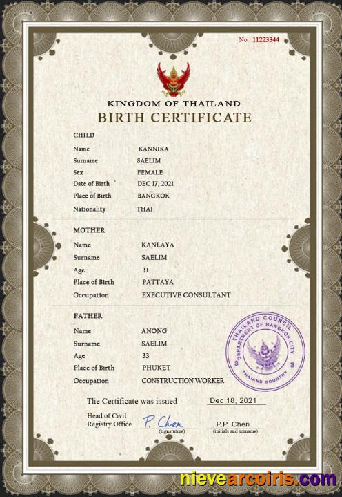 Thailand vital record birth certificate